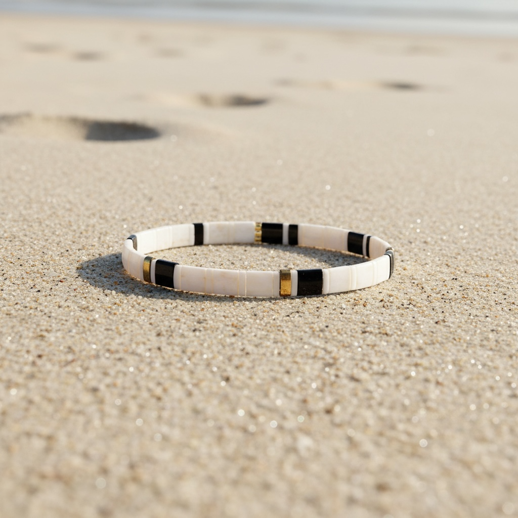 Domino Tila Bracelet styled on sand – Sugar Bean Jewelry