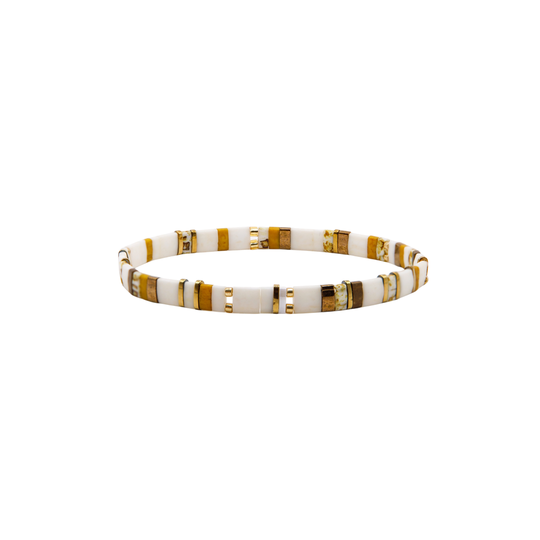 Driftwood Tila Bracelet – ivory, mustard, and gold Miyuki glass bead stretch bracelet – Sugar Bean Jewelry
