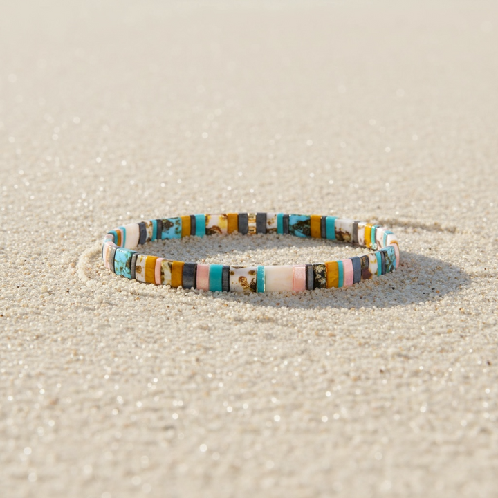 Free Spirit Tila Bracelet styled on sand – Sugar Bean Jewelry