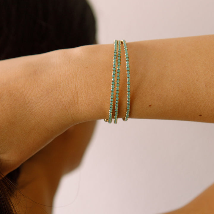 Green opal classic crystal bangle bracelet worn on wrist – Sugar Bean Jewelry