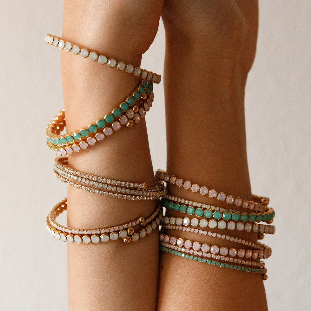 Green opal statement crystal bangle bracelet close up – Sugar Bean Jewelry