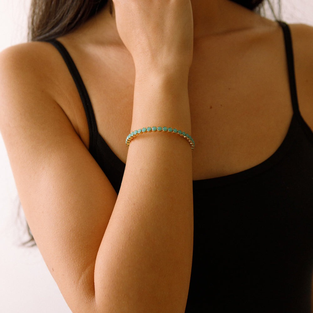 Green opal statement crystal bangle bracelet worn on wrist – Sugar Bean Jewelry