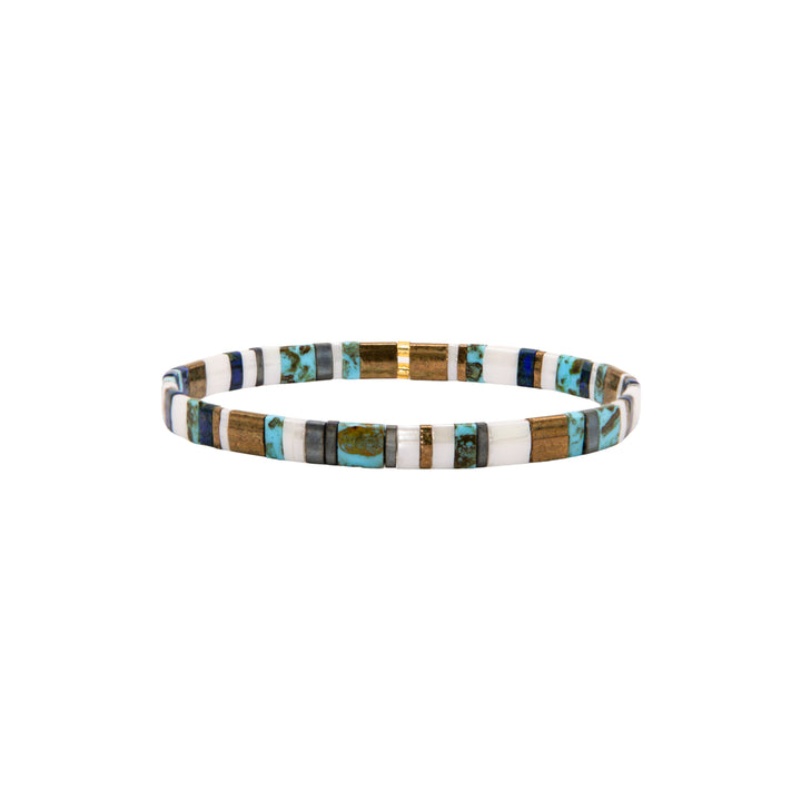 Harbor Tila bracelet, Miyuki glass tiles, studio view