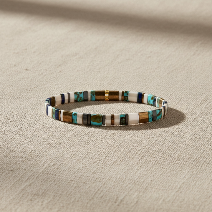 Harbor Tila Bracelet styled on linen – Sugar Bean Jewelry