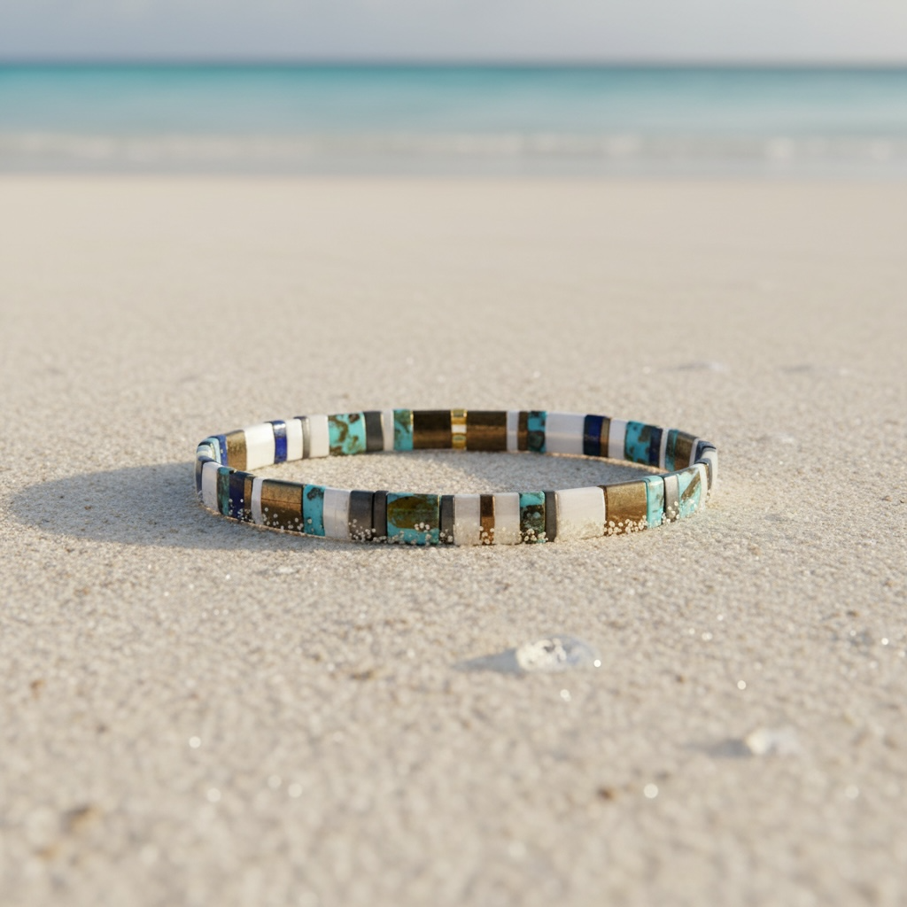 Harbor Tila Bracelet styled on sand – Sugar Bean Jewelry