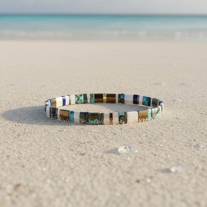 Harbor Tila Bracelet styled on sand – Sugar Bean Jewelry