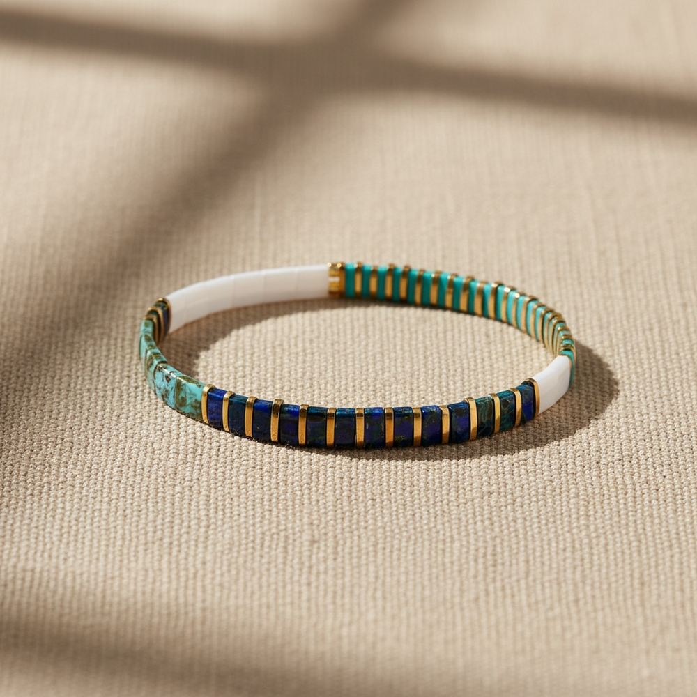 Indigo Isle Tila Bracelet styled on linen – Sugar Bean Jewelry