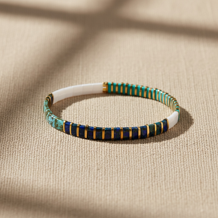 Indigo Isle Tila Bracelet styled on linen – Sugar Bean Jewelry