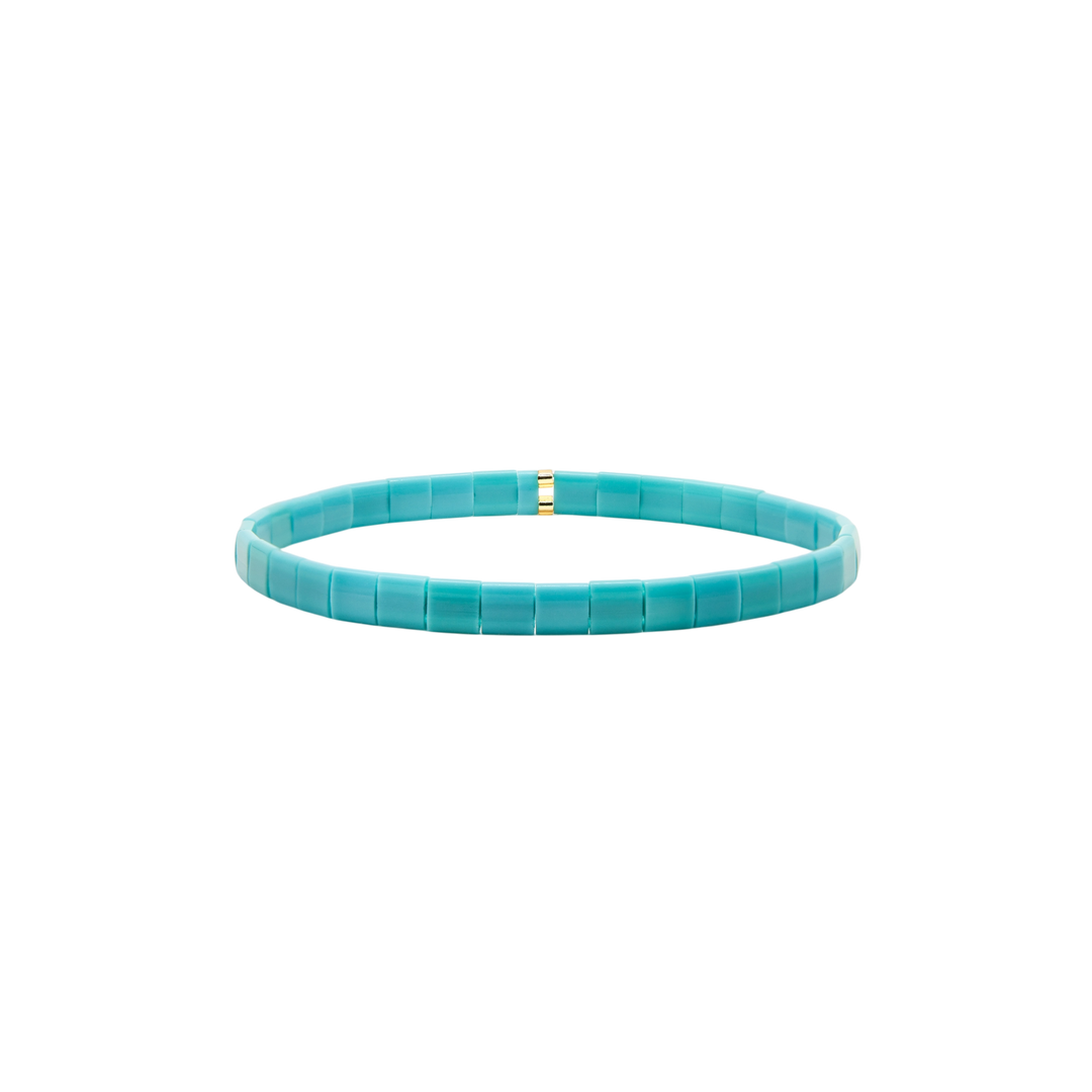 Lagoon Tila Bracelet – turquoise and gold Miyuki glass bead stretch bracelet – Sugar Bean Jewelry