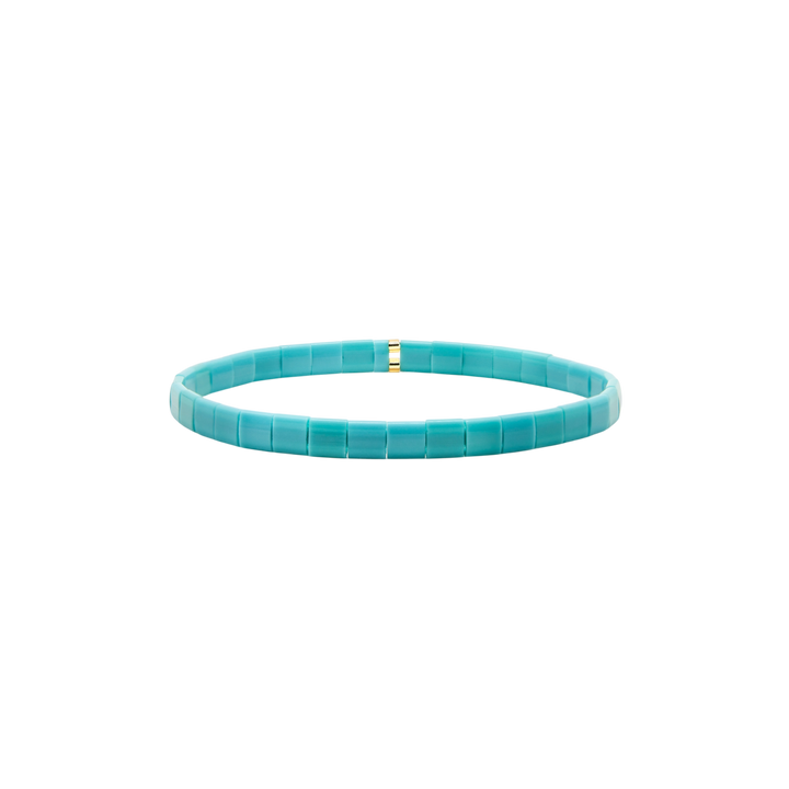Lagoon Tila Bracelet – turquoise and gold Miyuki glass bead stretch bracelet – Sugar Bean Jewelry