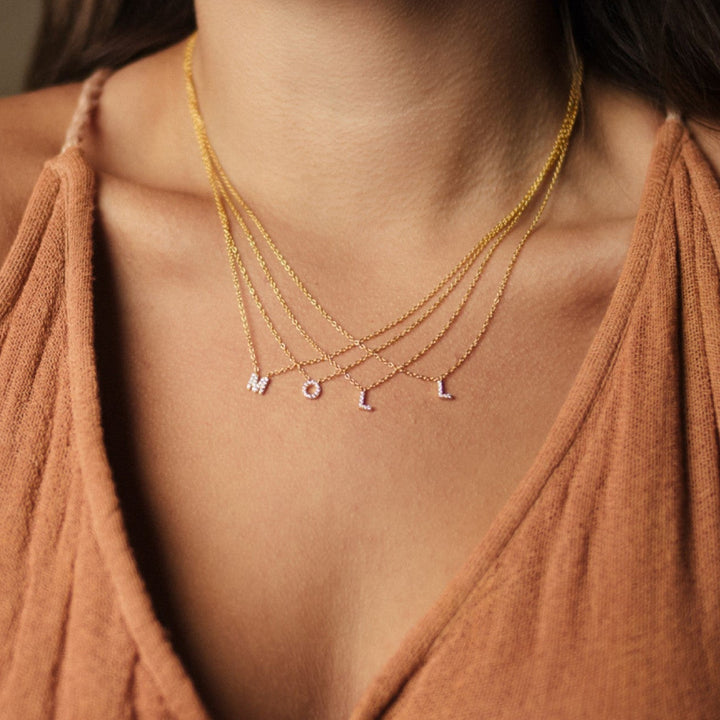 Petite Diamond Initial Necklace styled, worn on model – Sugar Bean Jewelry