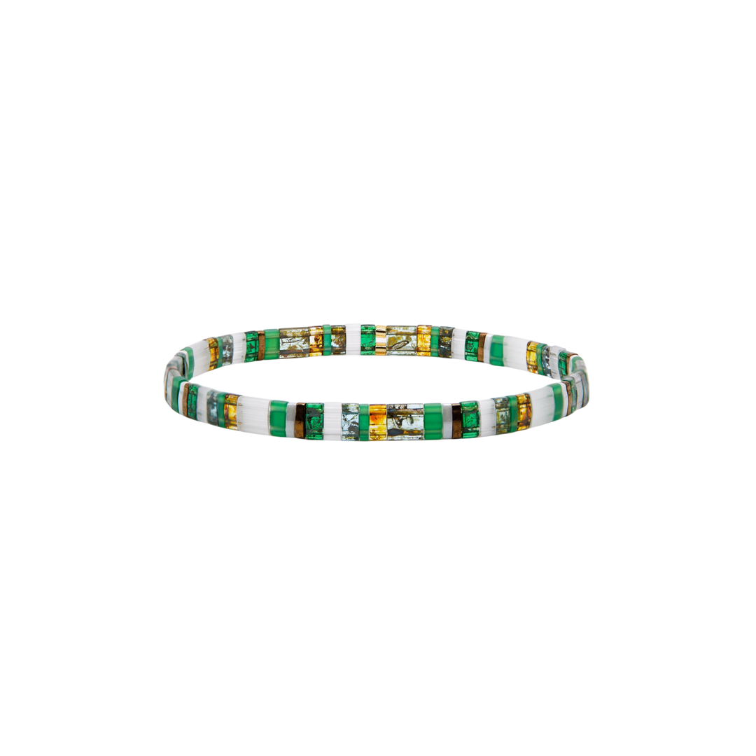 Mosaic Tila Bracelet – forest green, abalone, and gold iridescent Miyuki glass bead stretch bracelet – Sugar Bean Jewelry