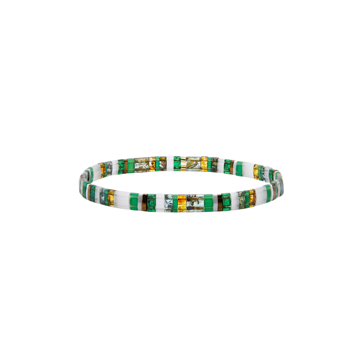 Mosaic Tila Bracelet – forest green, abalone, and gold iridescent Miyuki glass bead stretch bracelet – Sugar Bean Jewelry