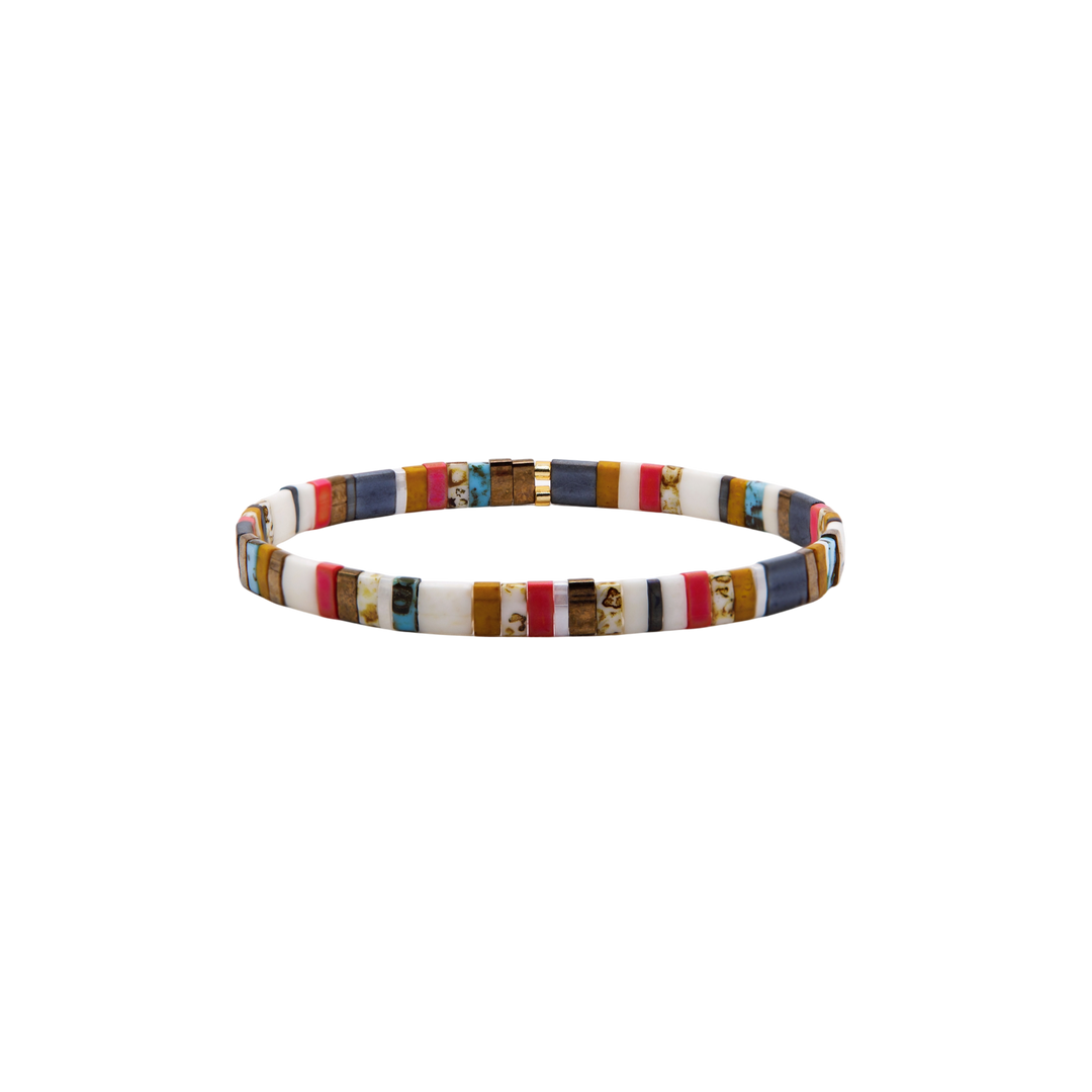 Nomad Tila Bracelet – ivory, mustard, raspberry, and turquoise Miyuki glass bead stretch bracelet – Sugar Bean Jewelry