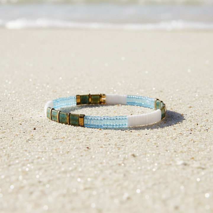 Open Water Tila Bracelet styled on sand – Sugar Bean Jewelry