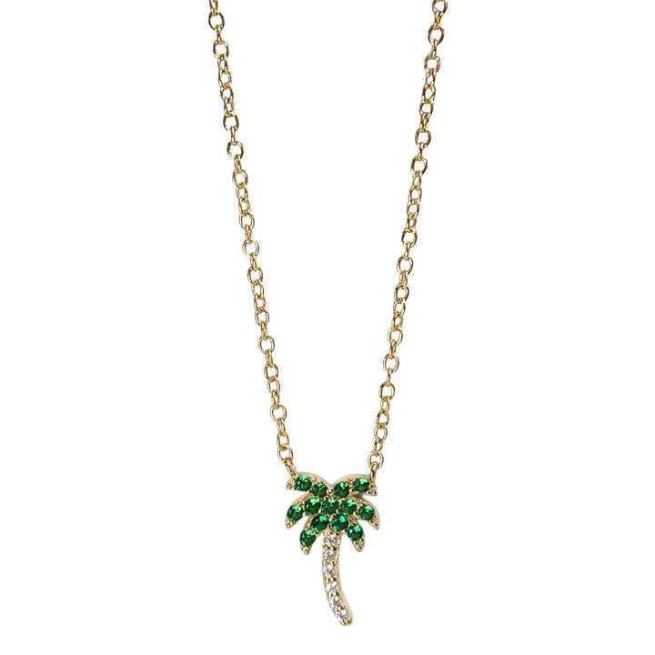 Palm Tree Necklace – sterling silver pendant with lab-grown diamonds and green spinel – Sugar Bean Jewelry