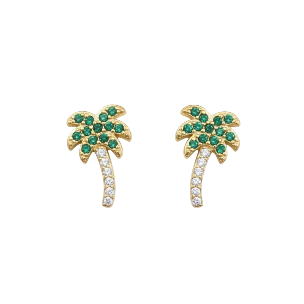 Palm Tree Studs – sterling silver with lab-grown diamonds and green spinel – Sugar Bean Jewelry