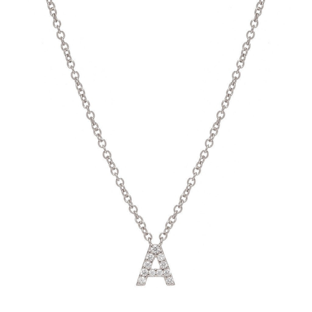 Petite Initial Necklace – white rhodium plated sterling silver with CZ diamond simulant pendant – Sugar Bean Jewelry