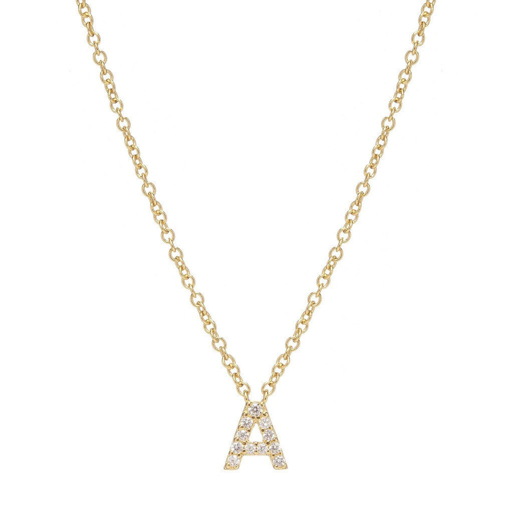 Petite Initial Necklace, letter A – 18k yellow gold plated sterling silver with CZ pavé pendant – Sugar Bean Jewelry