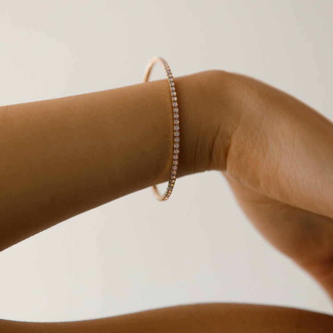 Pink opal classic crystal bangle bracelet worn on wrist – Sugar Bean Jewelry