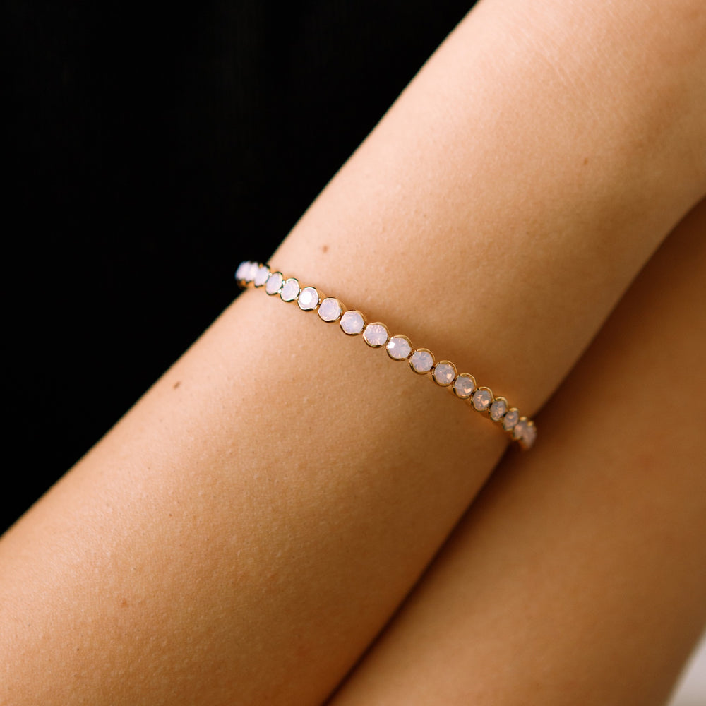 Pink opal statement crystal bangle bracelet worn on wrist – Sugar Bean Jewelry