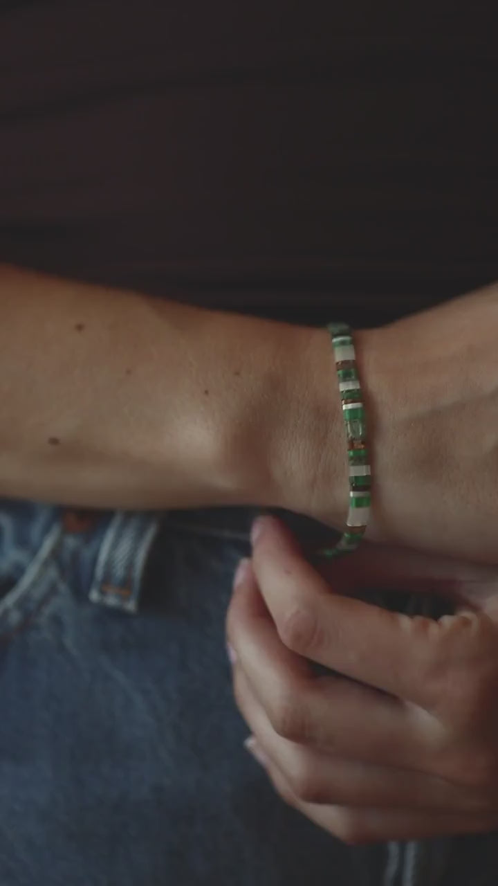 Mosaic Tila Bracelet worn on wrist – Sugar Bean Jewelry