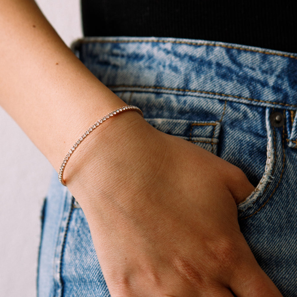 Rose gold classic crystal bangle bracelet worn on wrist – Sugar Bean Jewelry