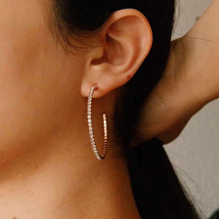 Rose gold crystal hoop earrings worn – Sugar Bean Jewelry