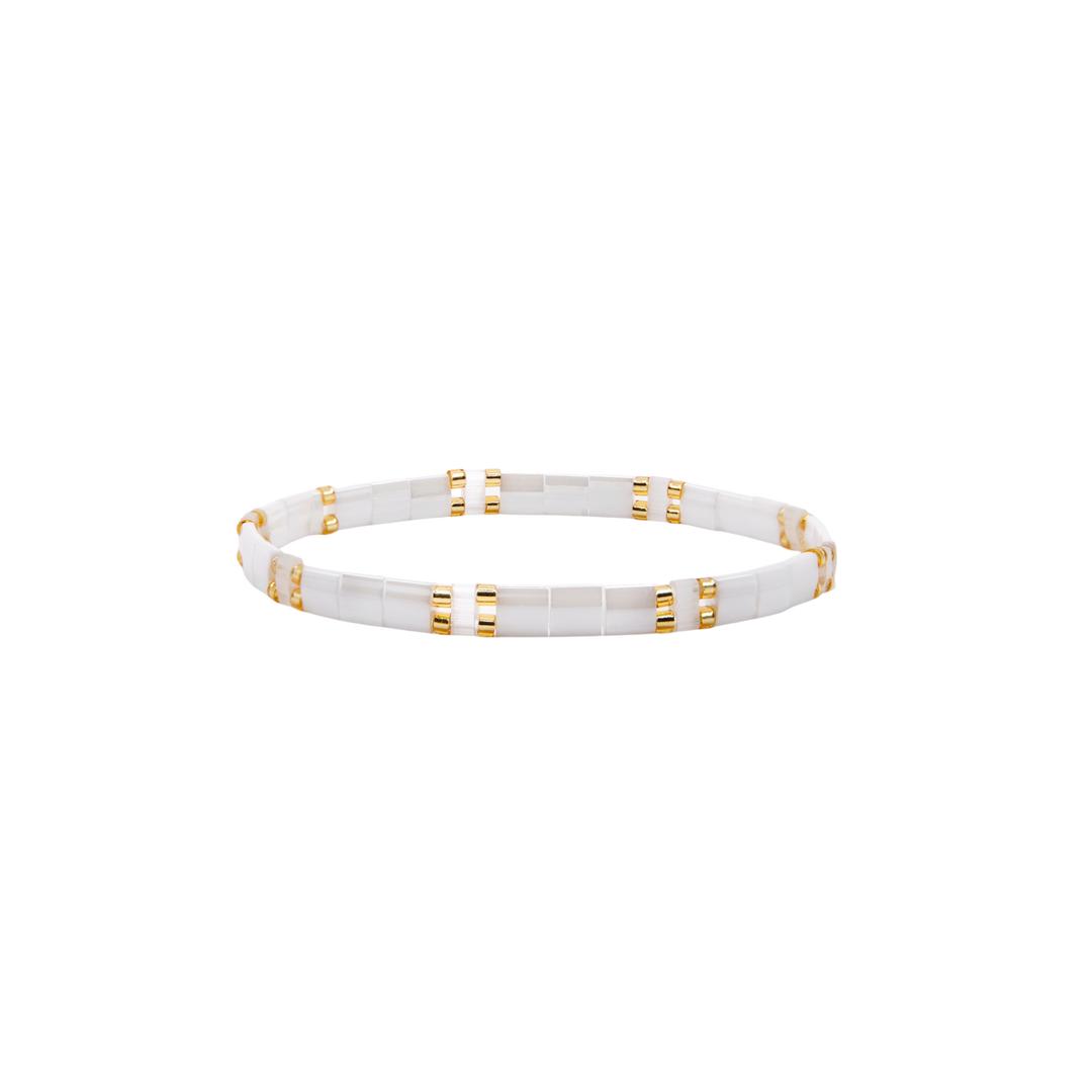 Santorini Tila Bracelet – white and gold Miyuki glass bead stretch bracelet – Sugar Bean Jewelry