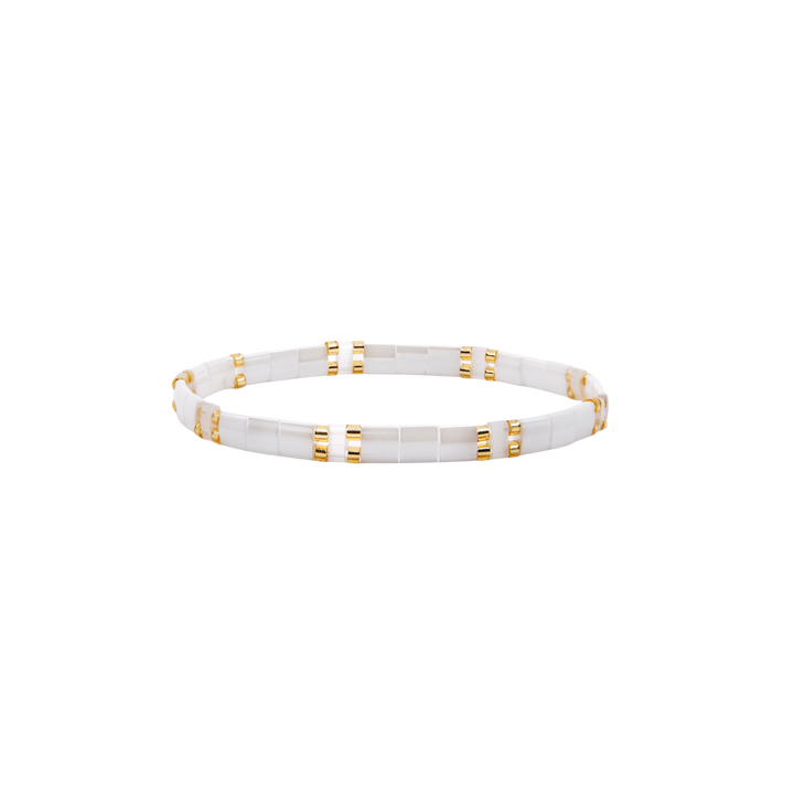 Santorini Tila Bracelet – white and gold Miyuki glass bead stretch bracelet – Sugar Bean Jewelry