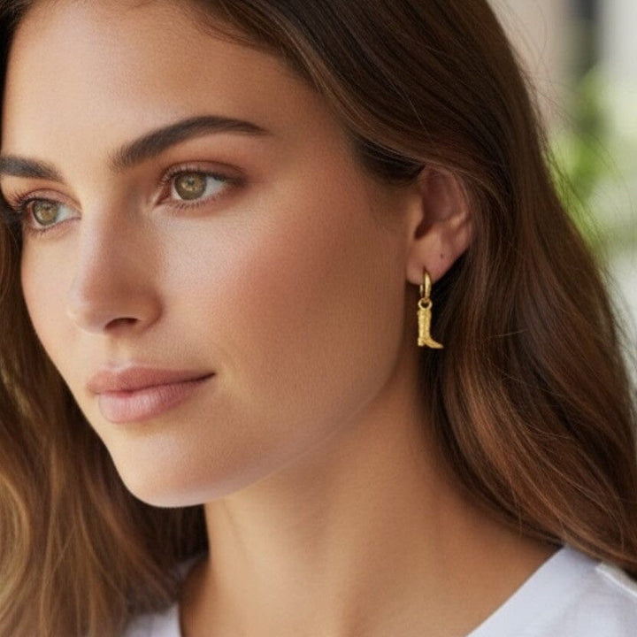 TAVI BOOT HUGGIE EARRINGS • WESTERN GOLD OR RHODIUM PLATED • REMOVABLE CHARM