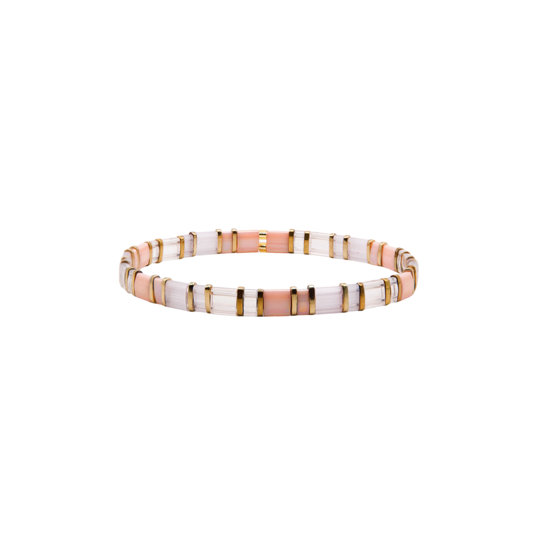 Shoreline Tila Bracelet – blush, white, and gold Miyuki glass bead stretch bracelet – Sugar Bean Jewelry