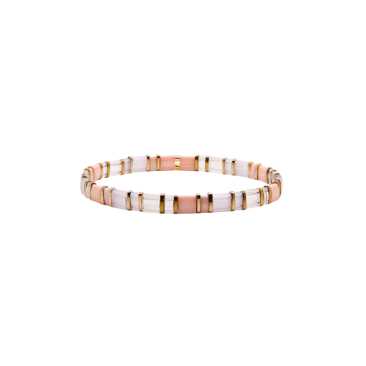 Shoreline Tila Bracelet – blush, white, and gold Miyuki glass bead stretch bracelet – Sugar Bean Jewelry