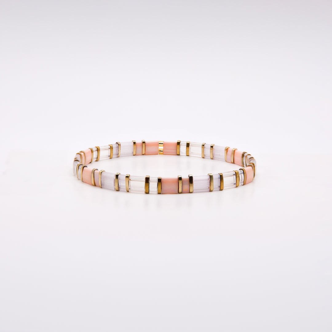 Detail shot of Shoreline Tila Bracelet showing interlocking blush and gold bead mosaic – Sugar Bean Jewelry