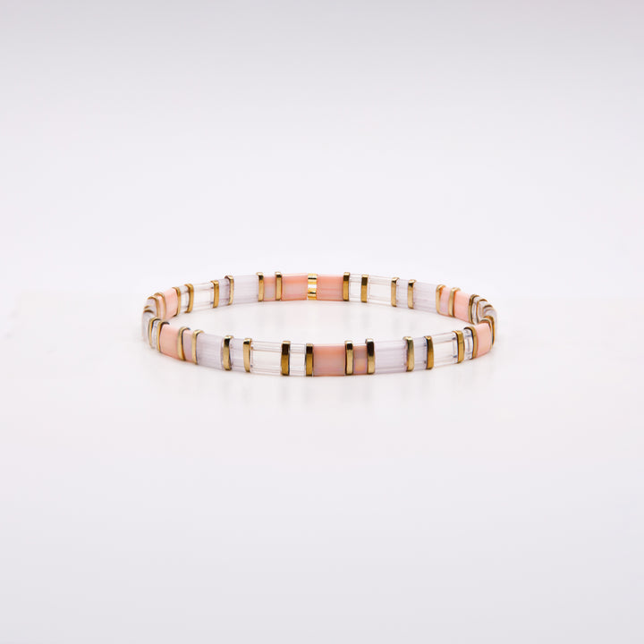 Detail shot of Shoreline Tila Bracelet showing interlocking blush and gold bead mosaic – Sugar Bean Jewelry