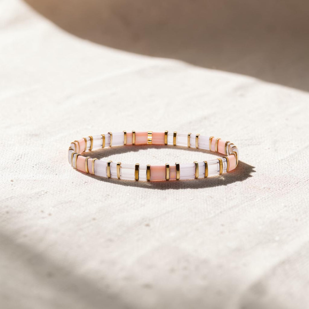 Shoreline Tila Bracelet on neutral background – stackable stretch bracelet – Sugar Bean Jewelry