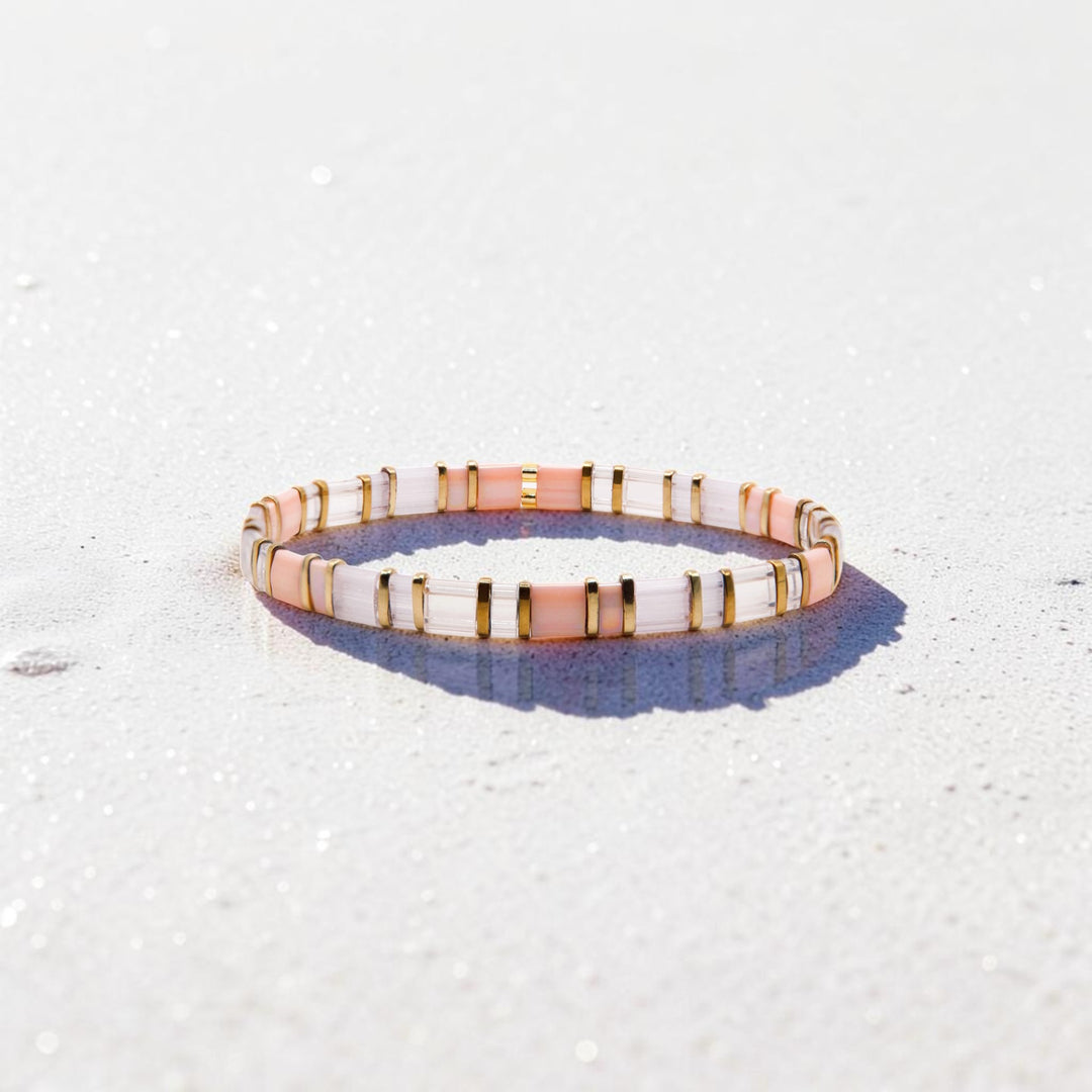 Shoreline Tila Bracelet styled flat – hand-strung Japanese glass bead bracelet – Sugar Bean Jewelry