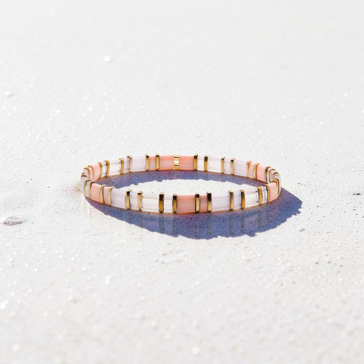 Shoreline Tila Bracelet styled flat – hand-strung Japanese glass bead bracelet – Sugar Bean Jewelry