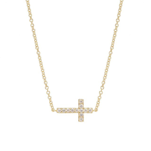 Sideways Cross Necklace, yellow gold, flat lay – Sugar Bean Jewelry