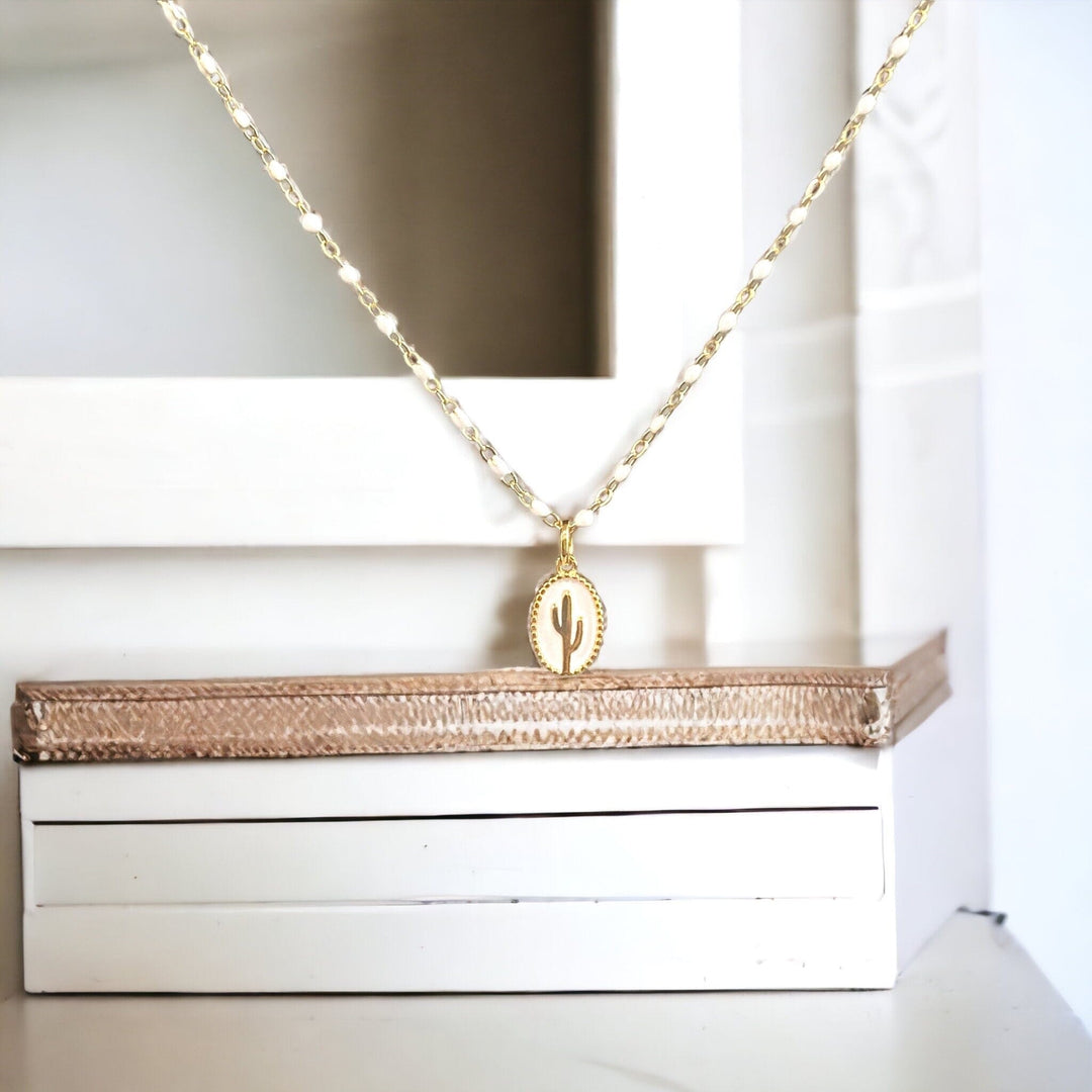 DESERT AURA • WHITE ENAMEL CACTUS NECKLACE (ONLINE EXCLUSIVE)