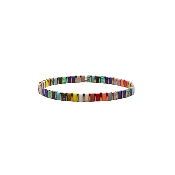 Spectrum Tila Bracelet – rainbow multi-color Miyuki glass bead stretch bracelet with gold spacers – Sugar Bean Jewelry