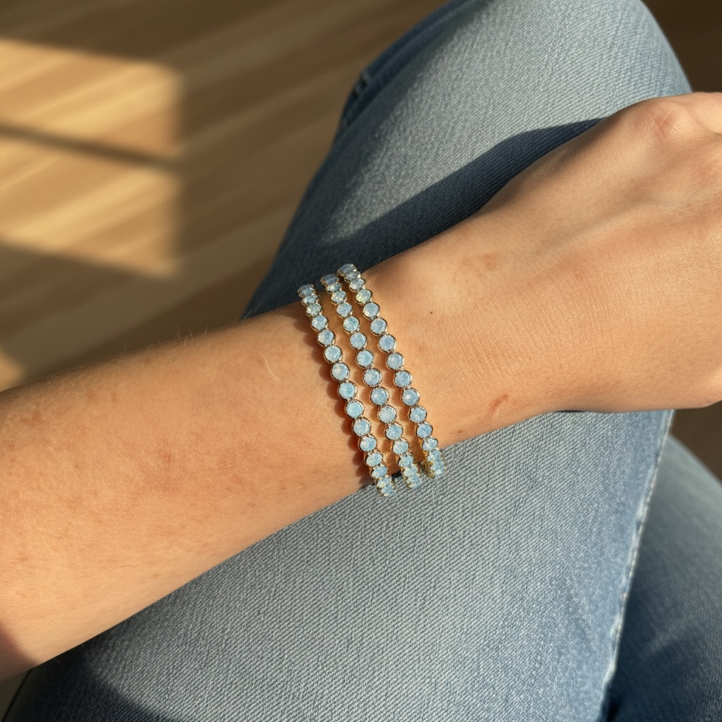 Blue Opal Statement Crystal Bangle Bracelet stacked with coordinating crystal bangles, Sugar Bean Jewelry