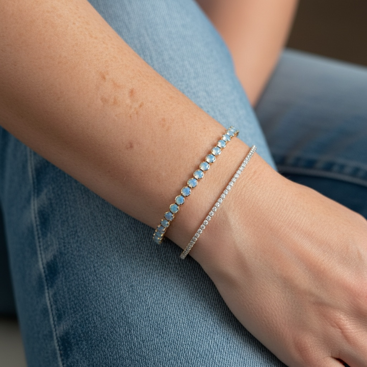 Blue Opal Statement Crystal Bangle Bracelet layered with the Blue Opal Classic Crystal Bangle Bracelet, Sugar Bean Jewelry
