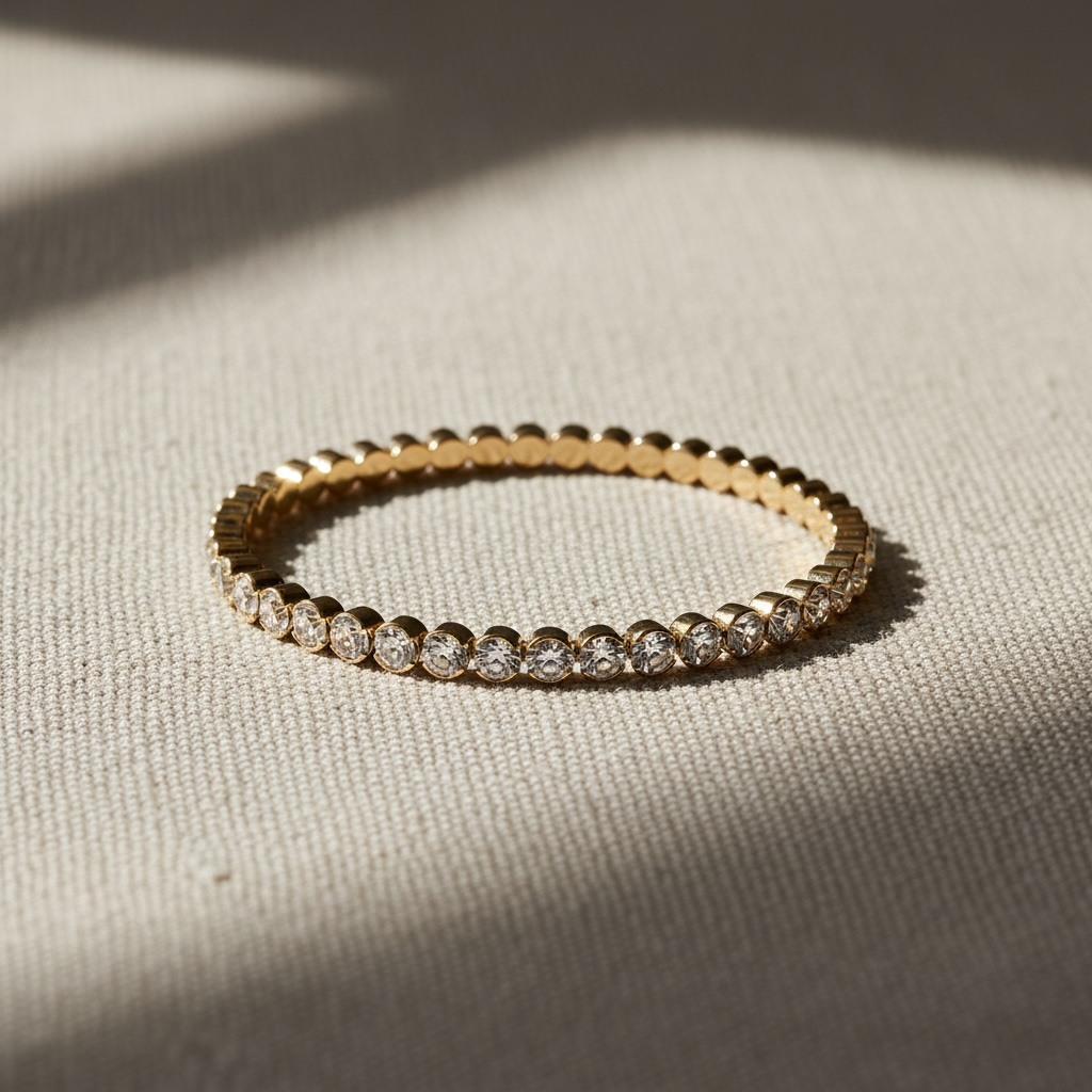 Statement Crystal Bangle Bracelet in gold styled on natural linen, Sugar Bean Jewelry
