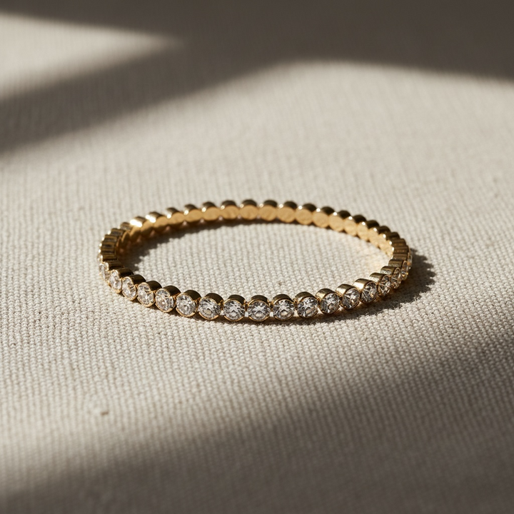 Statement Crystal Bangle Bracelet in gold styled on natural linen, Sugar Bean Jewelry