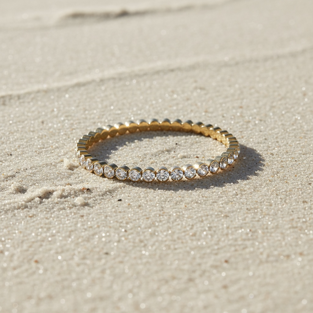 Statement Crystal Bangle Bracelet in gold on sand, Sugar Bean Jewelry