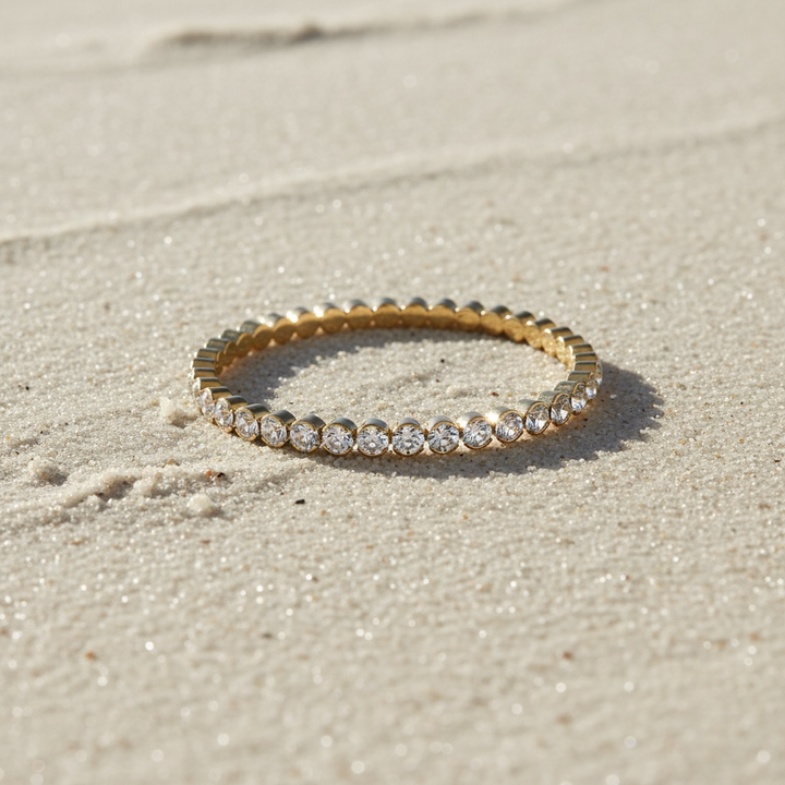 Statement Crystal Bangle Bracelet in gold on sand, Sugar Bean Jewelry
