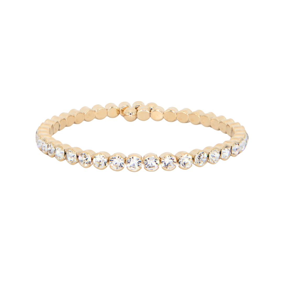 Statement Crystal Bangle Bracelet in gold on white background, clear Austrian crystal, Sugar Bean Jewelry