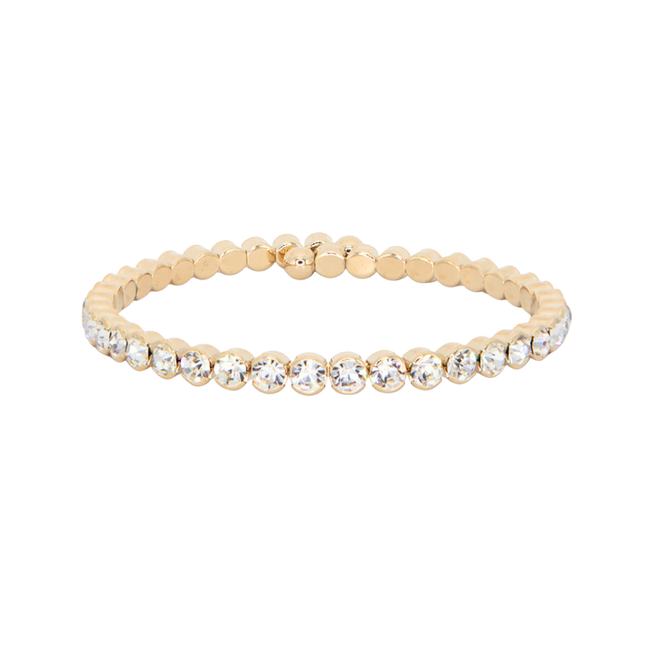 Statement Crystal Bangle Bracelet in gold on white background, clear Austrian crystal, Sugar Bean Jewelry