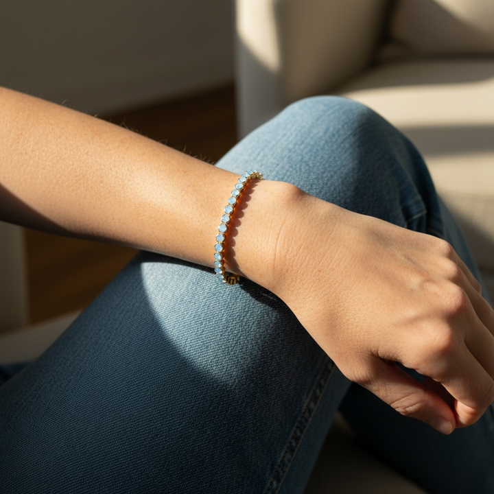 Blue Opal Statement Crystal Bangle Bracelet, single bangle detail view, Sugar Bean Jewelry
